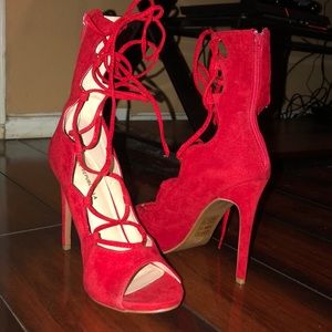 Red faux suede heels open toe